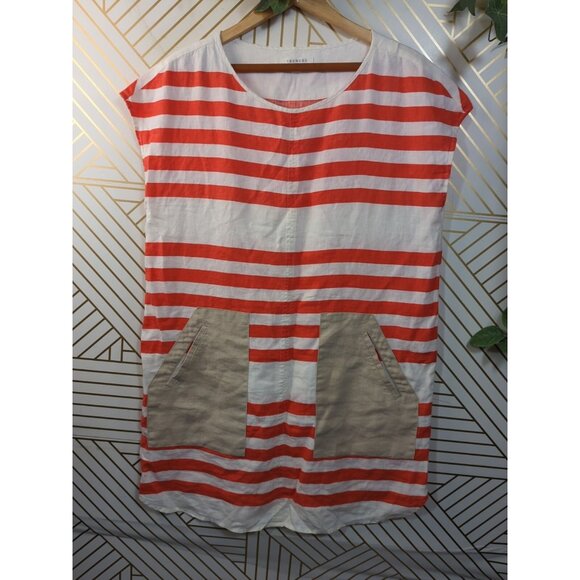 TRENERY Women's Shift Dress Striped Linen Pockets Short Sleeve Size 14 - Picture 2 of 8